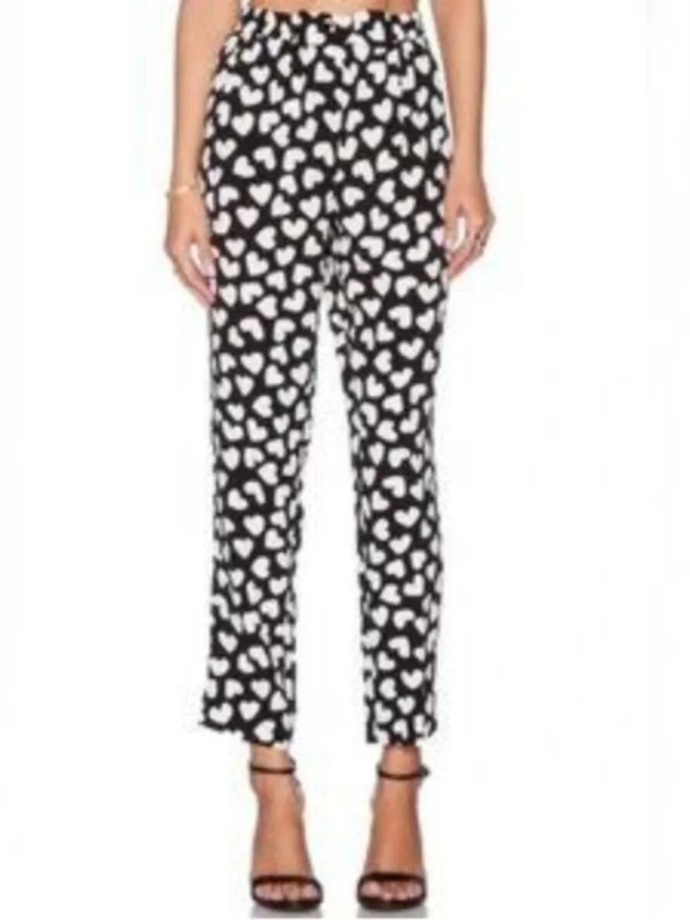 Kate Spade Dancing Hearts Pants XS Black White Heart Print Elastic Waist Bow Vis